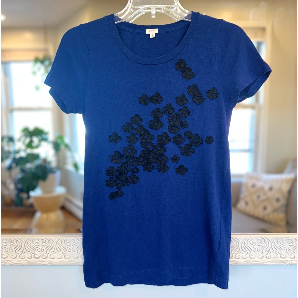 J. Crew Navy Blue & Black 100% Cotton T-Shirt 100% Silk Floral Textured Design S